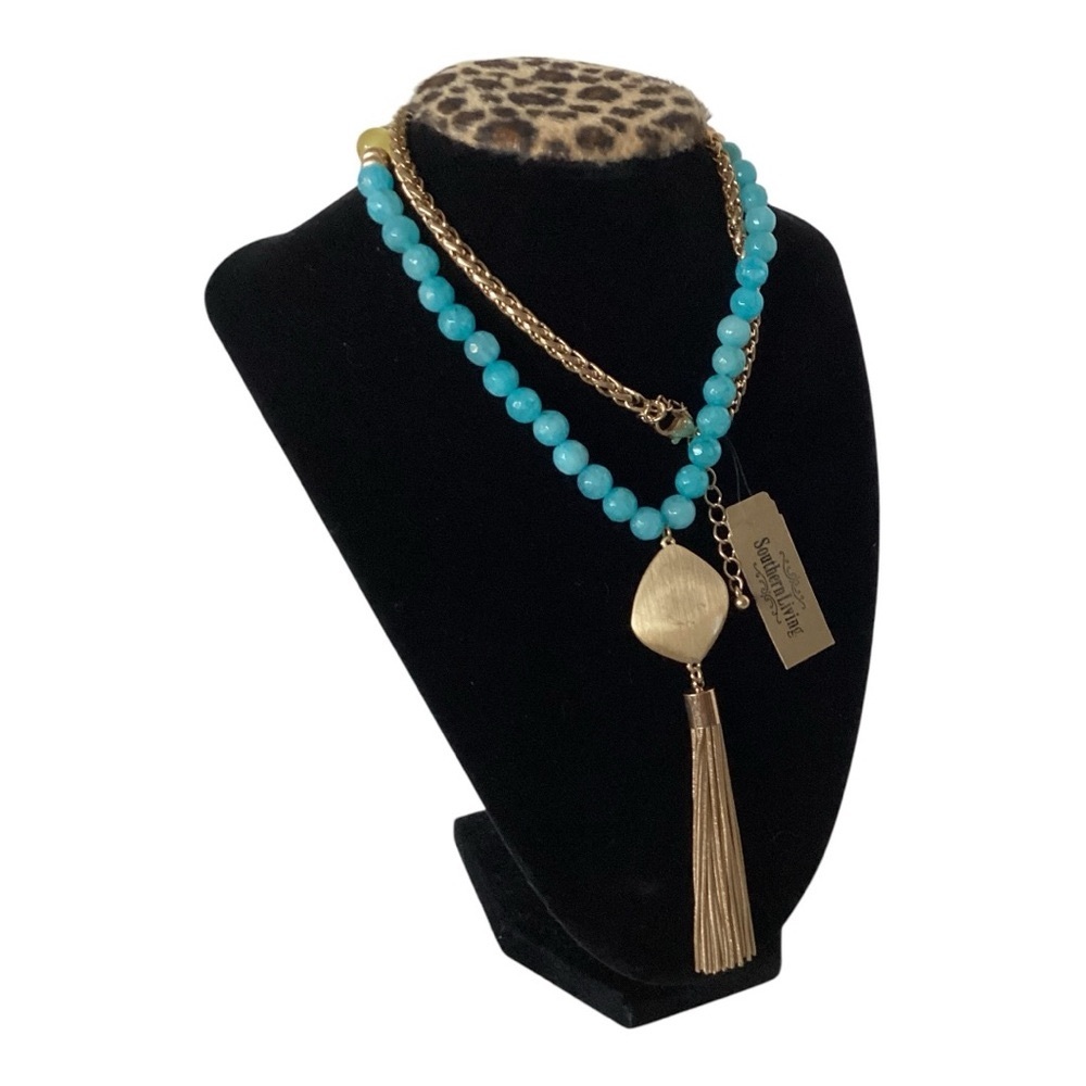 Southern Living Necklace Gold Tone Woven Spiga Wheat Chain Beads Tassel Pendant
